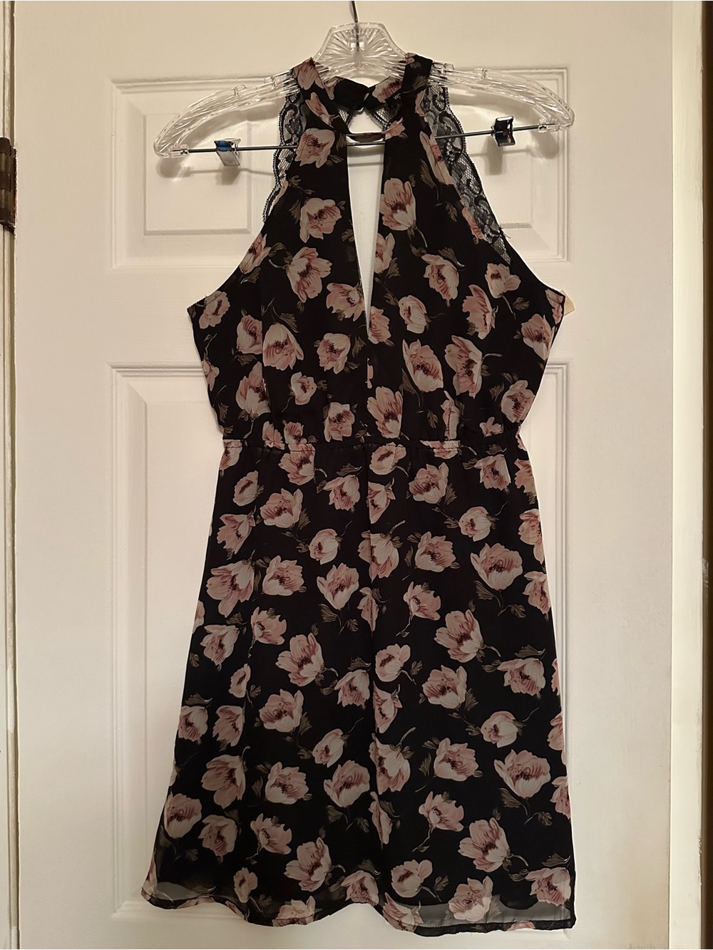 Sleeveless Black Mini Dress with Pink Floral Print